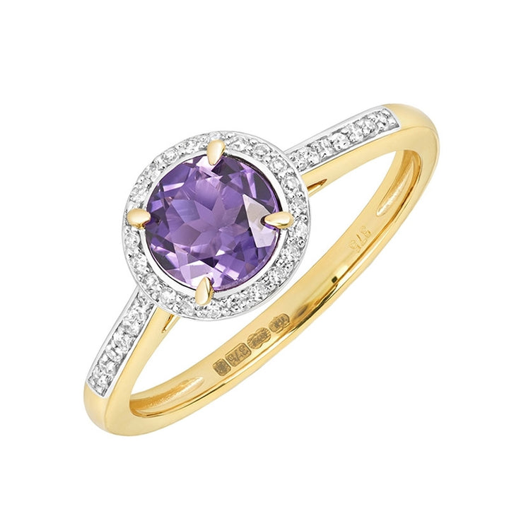 9ct Gold Amethyst & Diamond Halo Ring