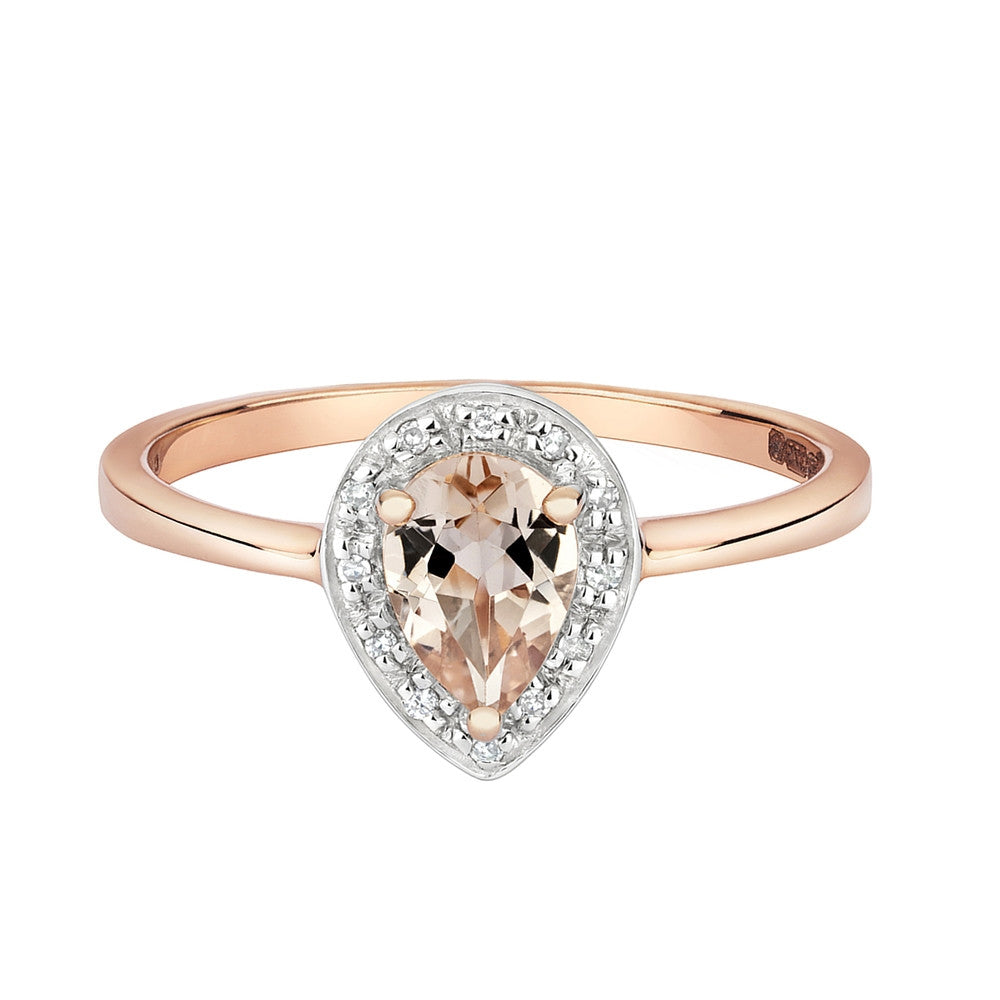 9ct Rose Gold Pear Morganite & Diamond Halo Ring