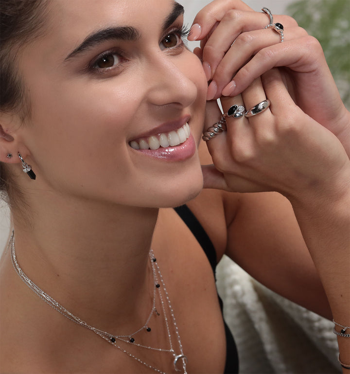 Silver Diamond & Onyx Black Pebble Ring