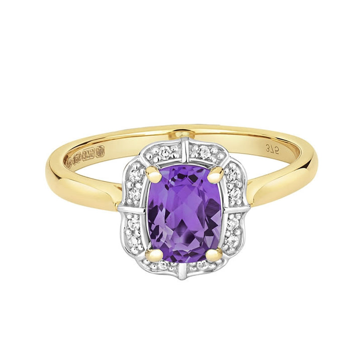 9ct Gold Amethyst & Diamond Deco Ring