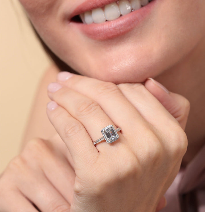 Sterling Silver Emerald Cut Halo Ring