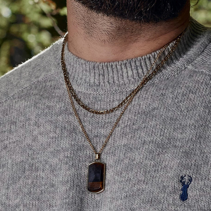 Men's 18ct Gold Plated Tigers Eye Dog Tag Pendant