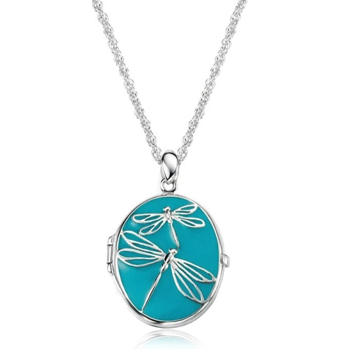 Silver Large Turquoise Dragonfly Oval Locket