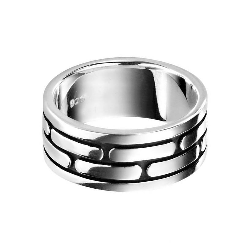 Men's Silver Pattern Insert Solid Band Ring