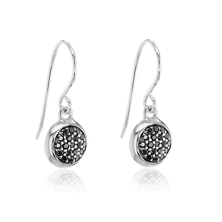 Silver Pave Black Cubic Zirconia Disc Drop Earrings