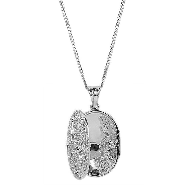 9ct White Gold Diamond Oval Filigree Locket