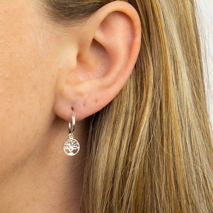Silver Tree of Life Charm Hoop Earrings