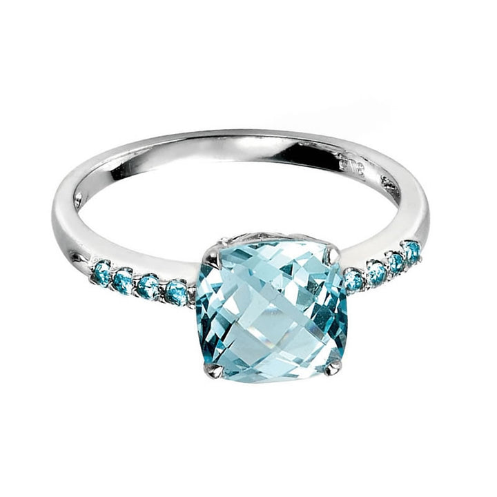 9ct White Gold Cushion Cut Blue Topaz Ring