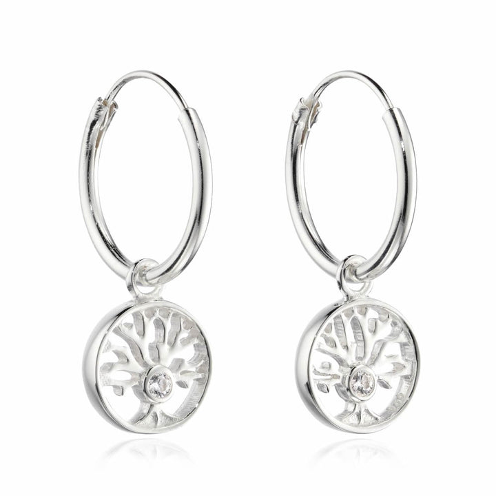Silver Tree of Life Charm Hoop Earrings
