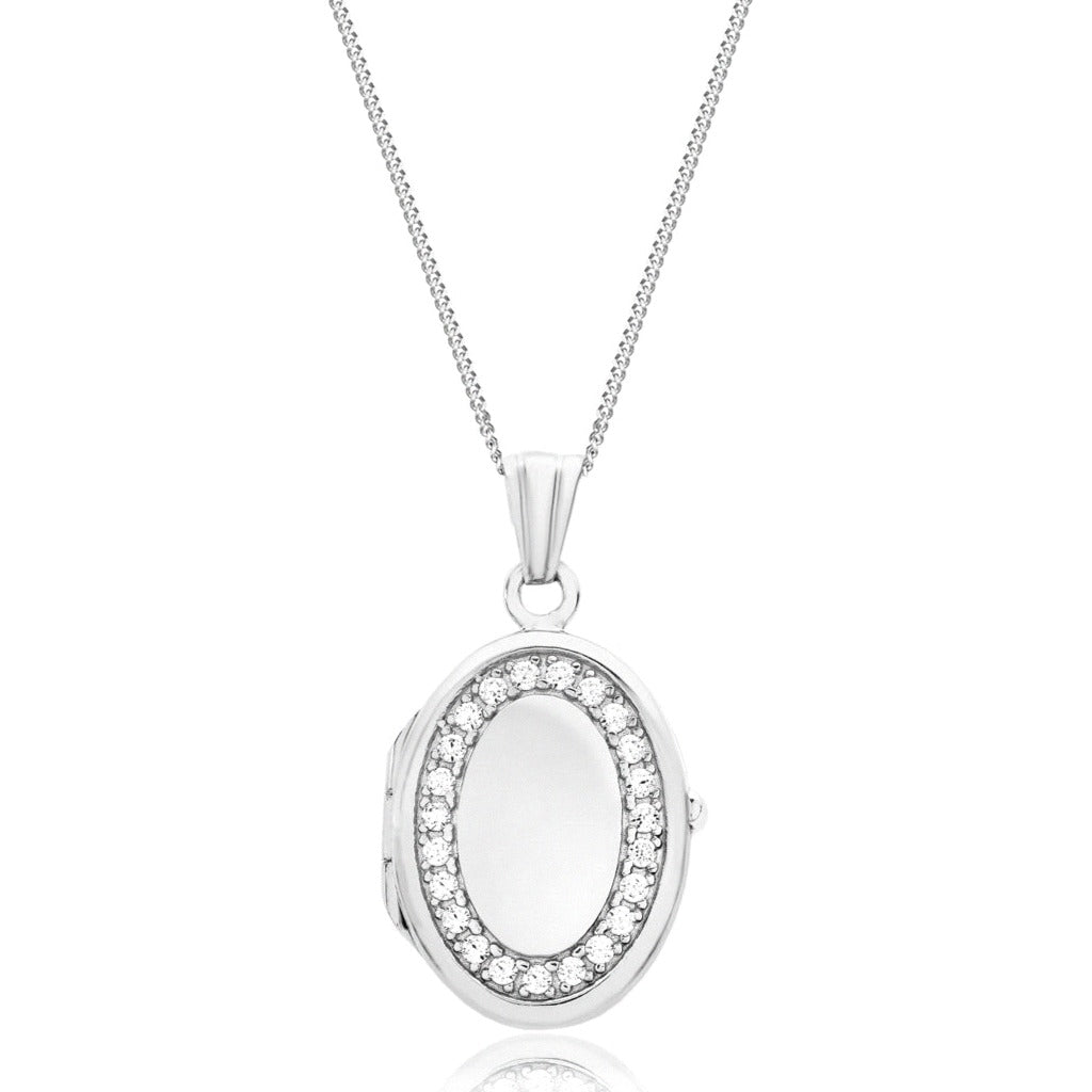 9ct White Gold Oval Cubic Zirconia Locket