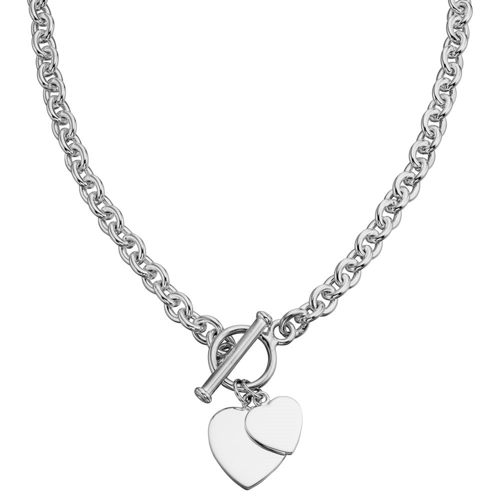 Sterling Silver Solid Double Heart T Bar Necklace