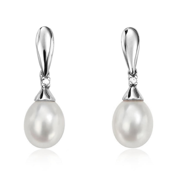 9ct White Gold Pearl & Diamond Drop Earrings