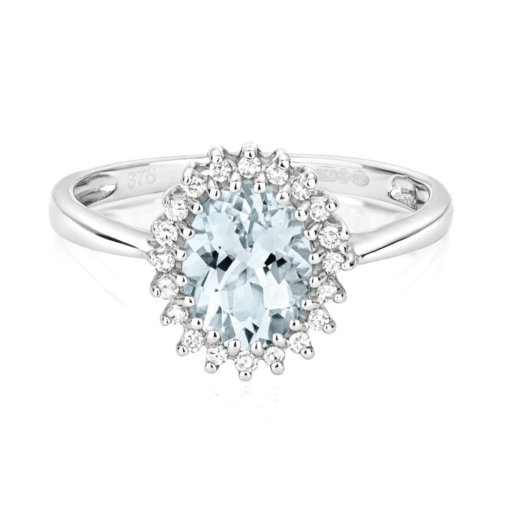 9ct White Gold Aquamarine & Diamond Oval Cluster Ring