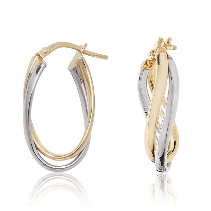 9ct Yellow & White Gold Oval Twist Hoop Earrings