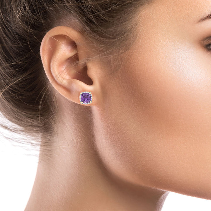 9ct Gold Cushion-Cut Amethyst & Diamond Stud Earrings