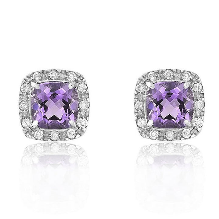 9ct White Gold Cushion Cut Amethyst & Diamond Stud Earrings