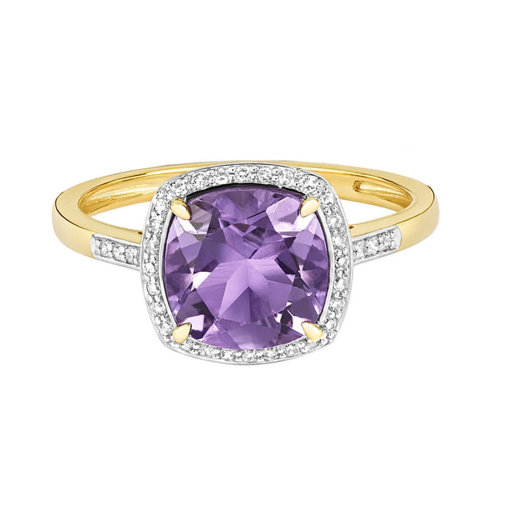 9ct Gold Cushion Cut Amethyst & Diamond Ring