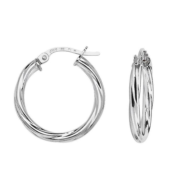 9ct White Gold Twist Hoop Earrings 15mm