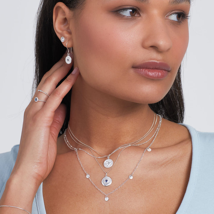 Silver Diamond Cut Disc Pendant With Sapphire Blue Crystal