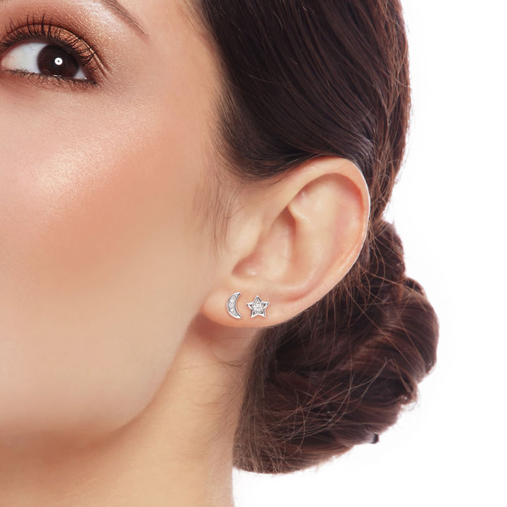 Silver Moon & Star Stud Earrings