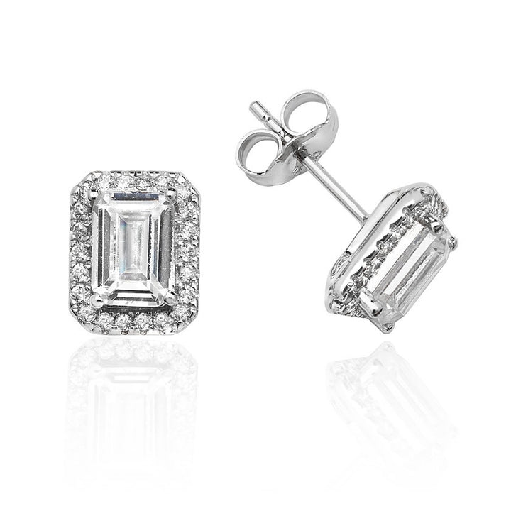Luminous Silver Emerald-Cut Halo Stud Earrings