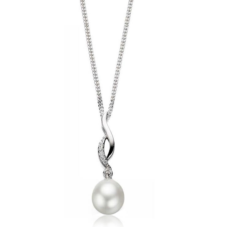 Silver Freshwater Pearl & Cubic Zirconia Drop Pendant