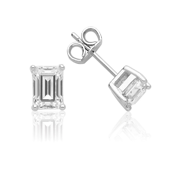 Silver Emerald Cut Stud Earrings