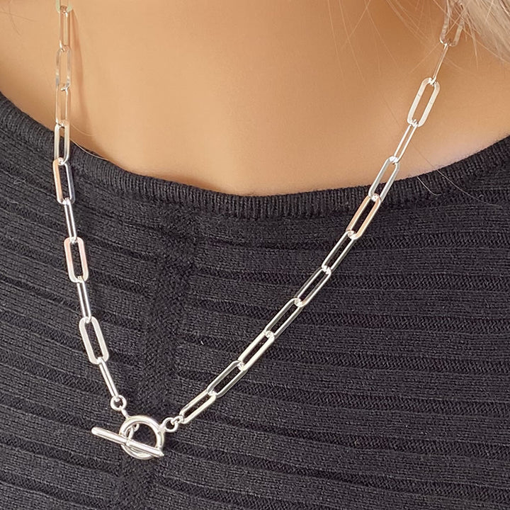 Silver T Bar Paper Clip Oval Chain Link Necklace