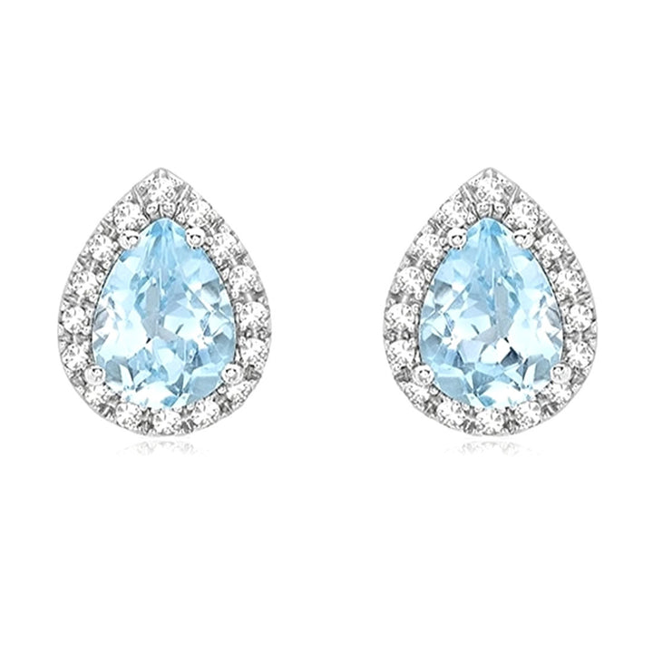 9ct White Gold Blue Topaz & Diamond Pear Halo Stud Earrings