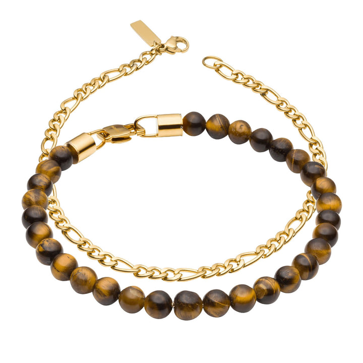 Men's Gold Tigers Eye & Figaro Layering Bracelet Set