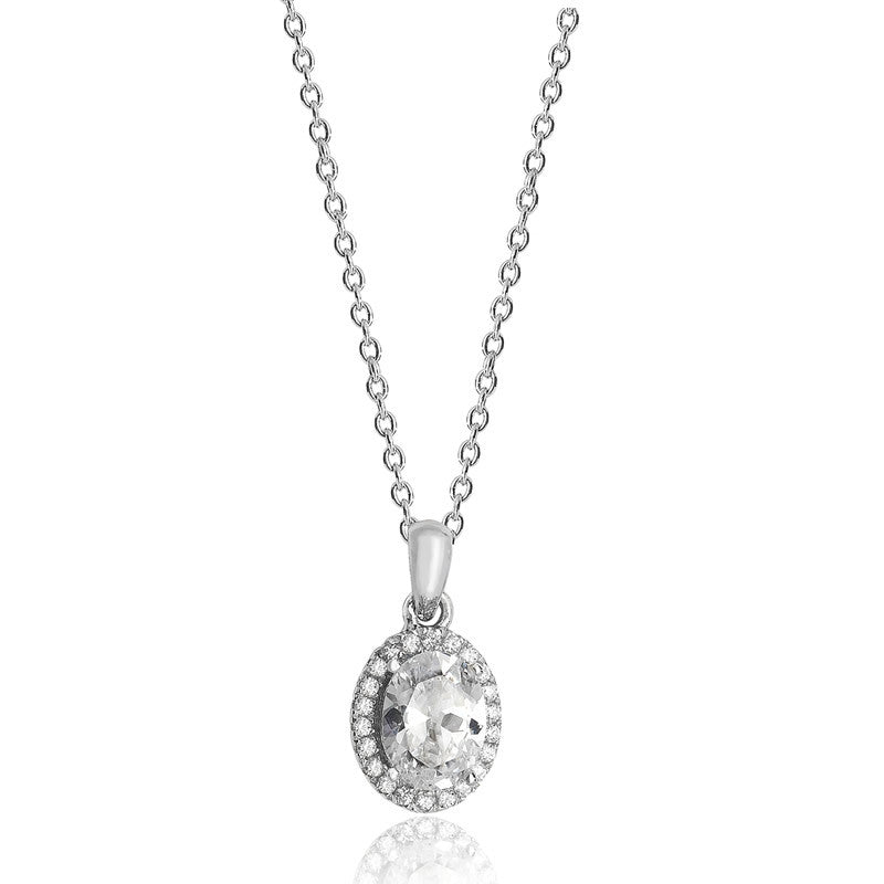 Luminous Silver Oval Cubic Zirconia Halo Pendant