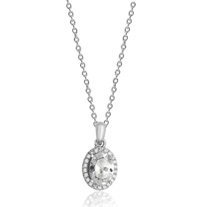 Luminous Silver Oval Cubic Zirconia Halo Pendant