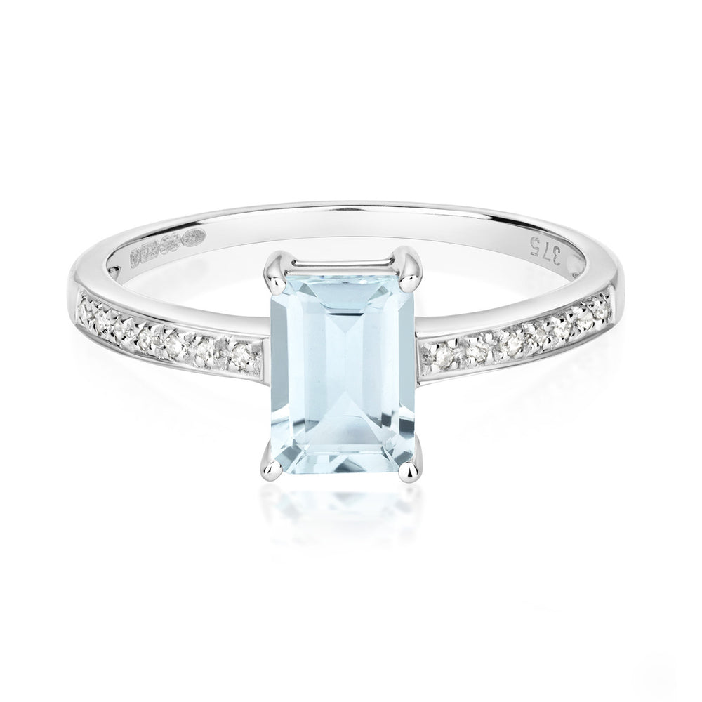 9ct White Gold Emerald-Cut Aquamarine & Diamond Ring