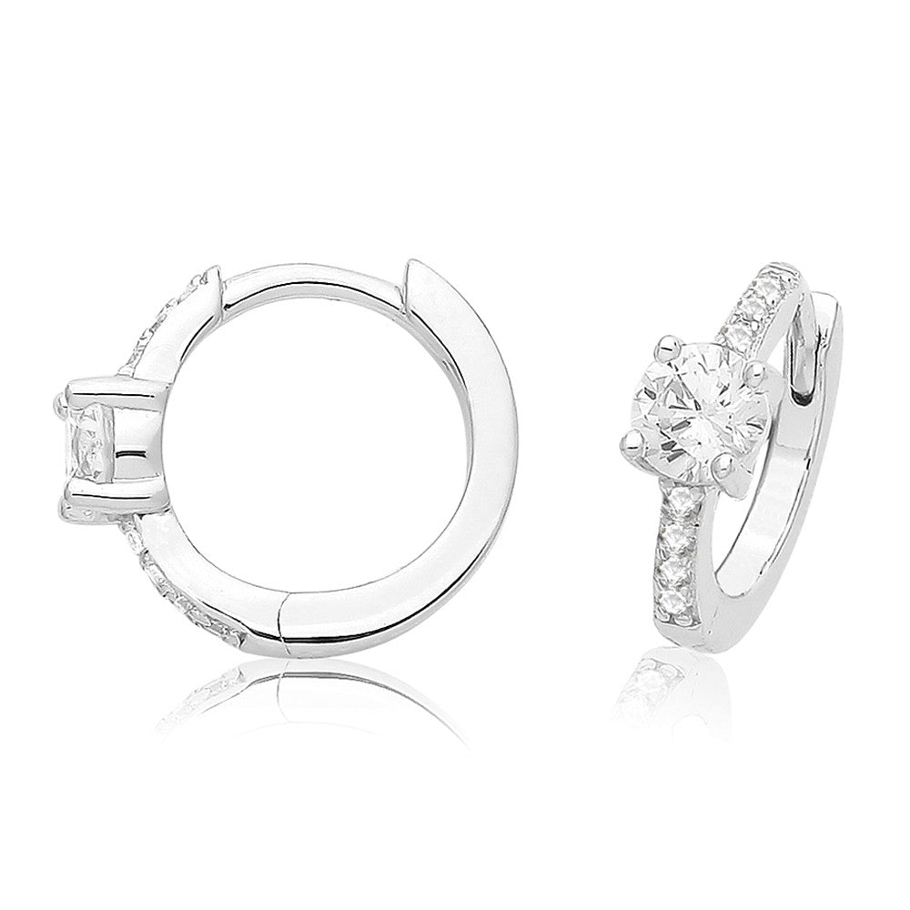 Silver CZ Solitaire Huggie Hoop Earrings