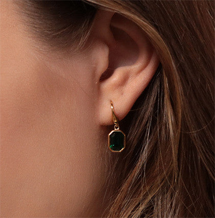 18ct Gold Plated Silver Emerald-Cut Green Crystal Drop Earrings