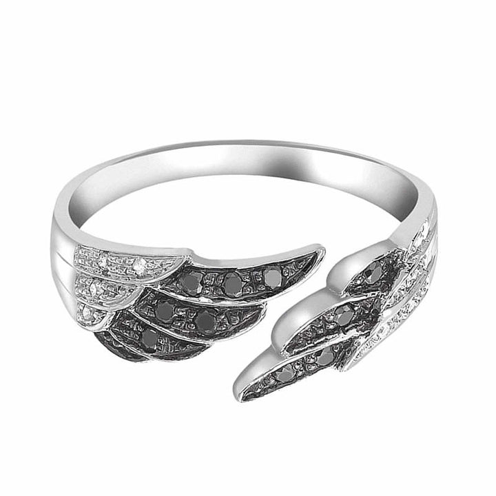 9ct White Gold Black Diamond Angel Wing Ring