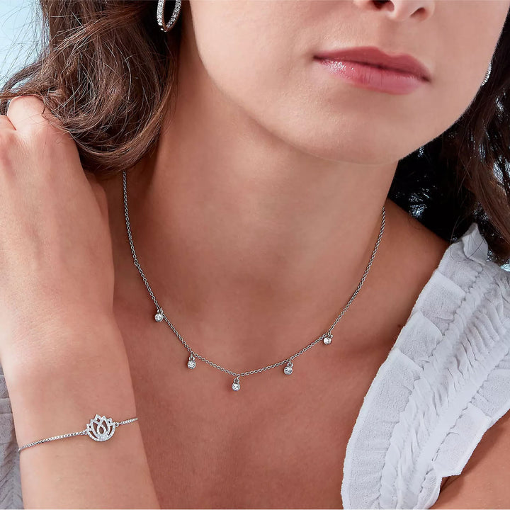 Silver Cubic Zirconia Dangle Station Charm Necklace