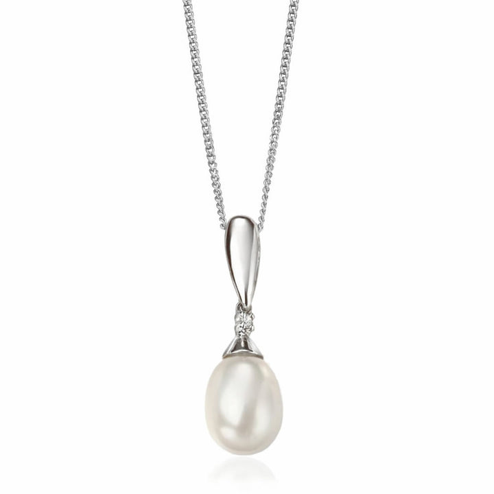 9ct White Gold Pearl & Diamond Drop Pendant