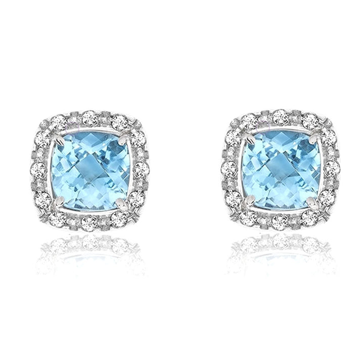 9ct White Gold Cushion Cut Blue Topaz & Diamond Stud Earrings