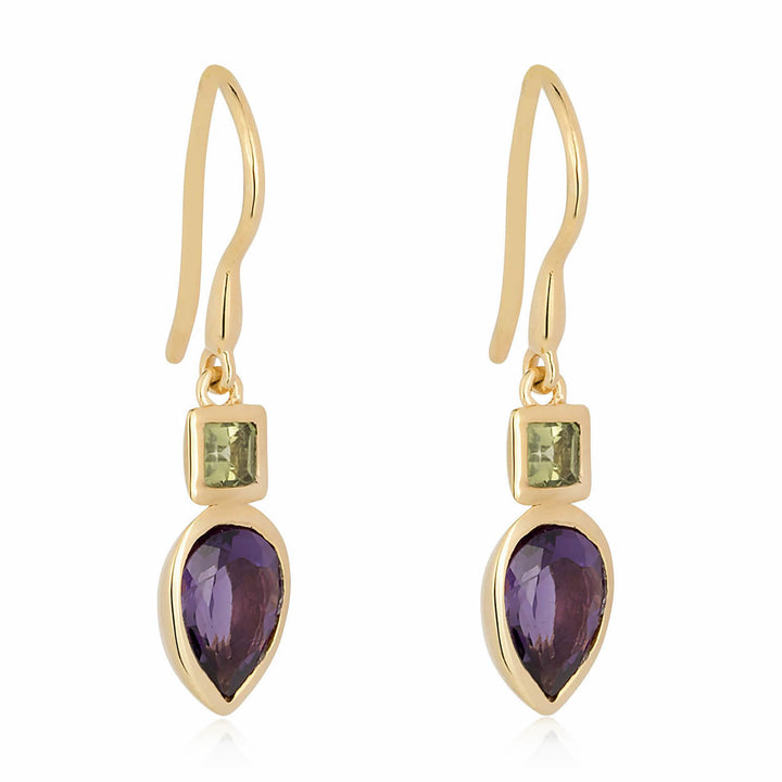 18ct Gold Plated Silver Peridot & Amethyst Petal Drop Earrings