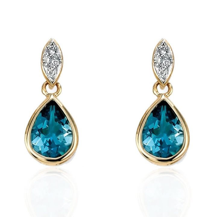 9ct Gold London Blue Topaz & Diamond Drop Earrings