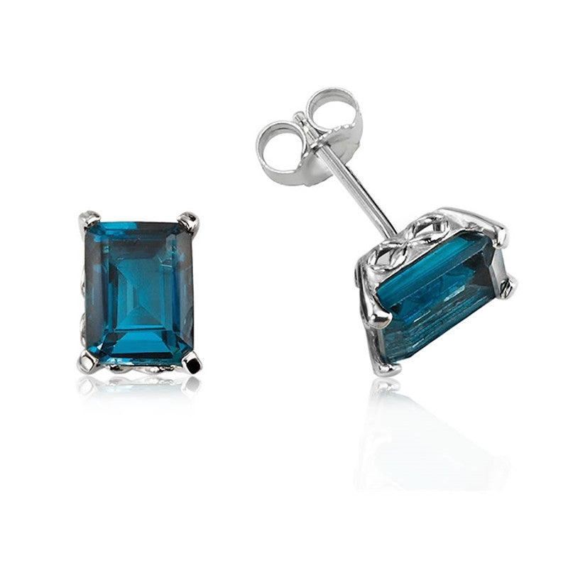 Gold Plated Sterling Silver Stud Earrings With Emerald Cut Blue Topaz top And Diamond