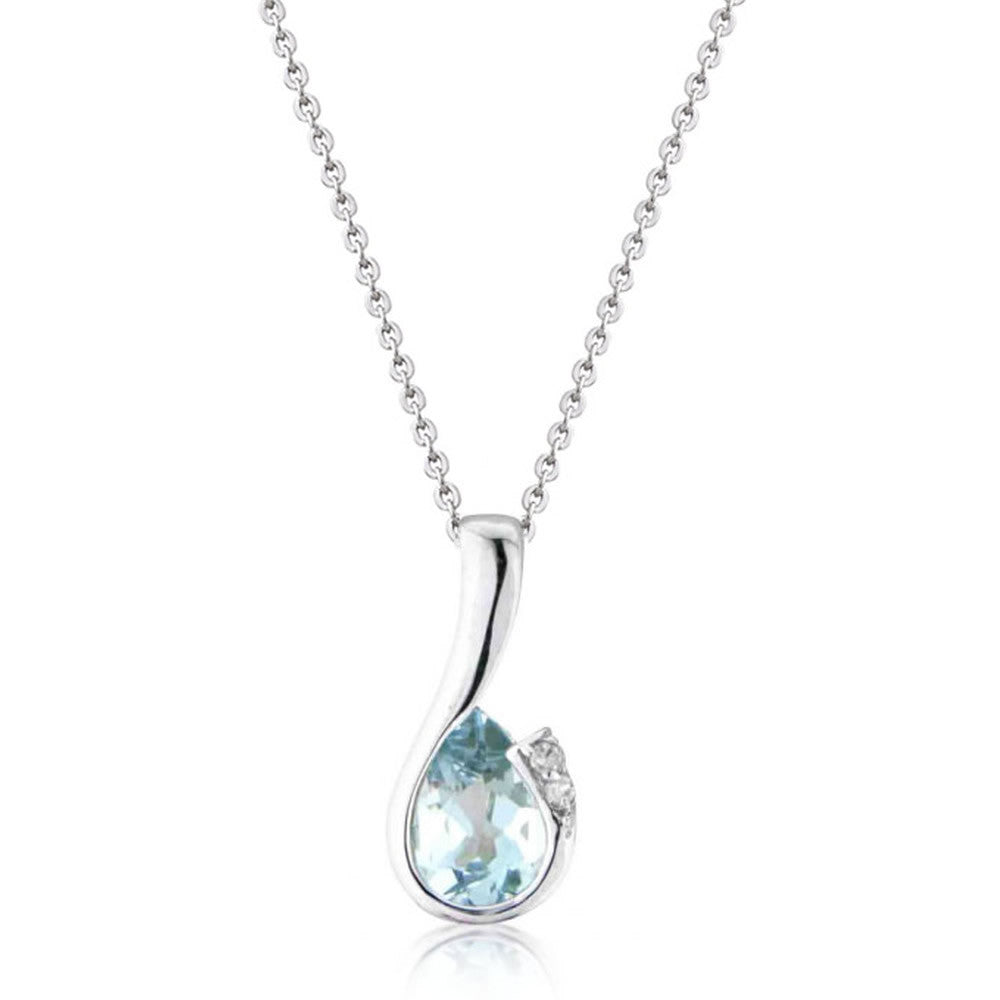 9ct White Gold Aquamarine & Diamond Curve Pendant