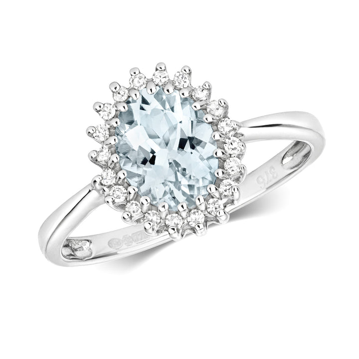 9ct White Gold Aquamarine & Diamond Oval Cluster Ring