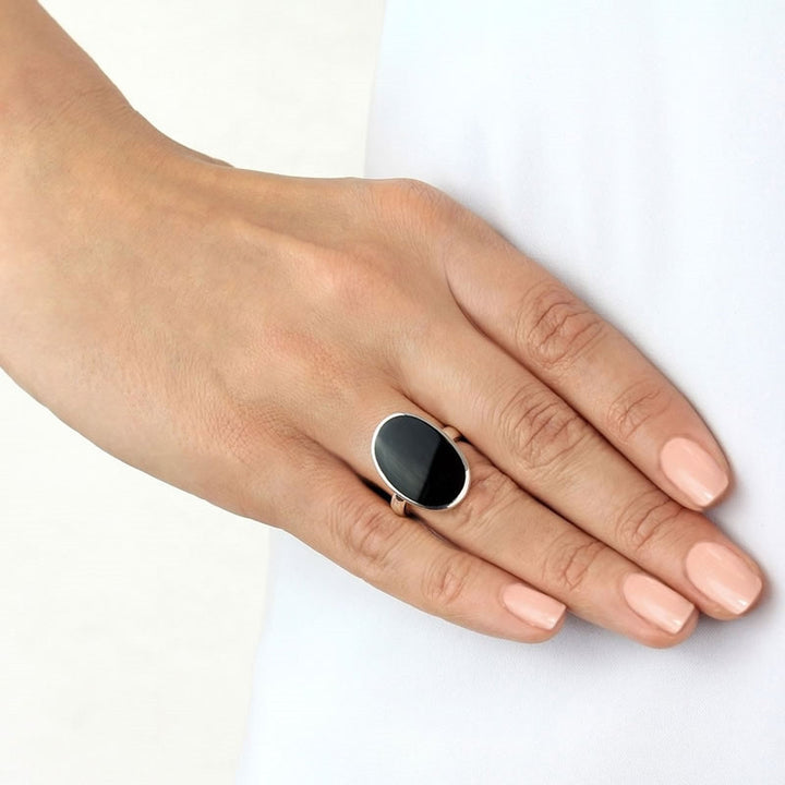 Sterling Silver Large Oval Black Stone Ring