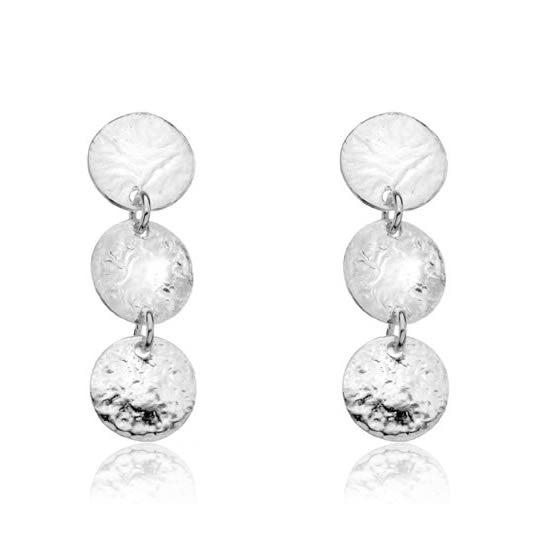Silver Triple Hammered Disc Drop Earrings