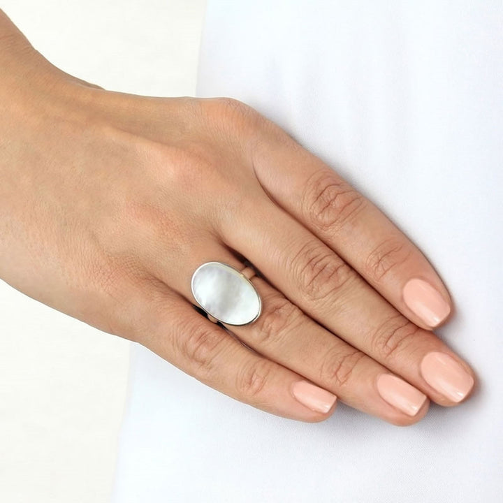 Sterling Silver Large Oval Mother Of Pearl Ring