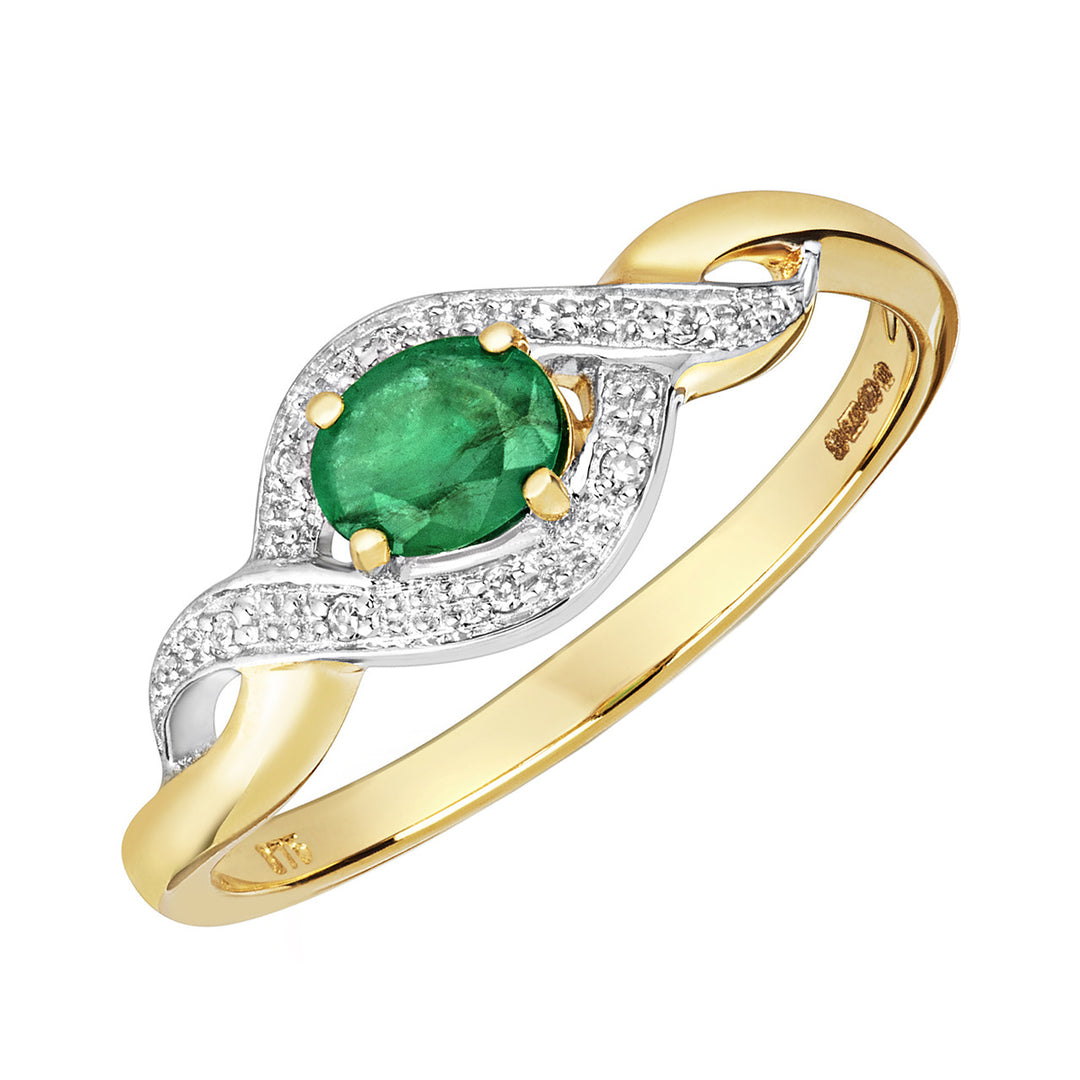 9ct Gold Emerald & Diamond Twist Ring