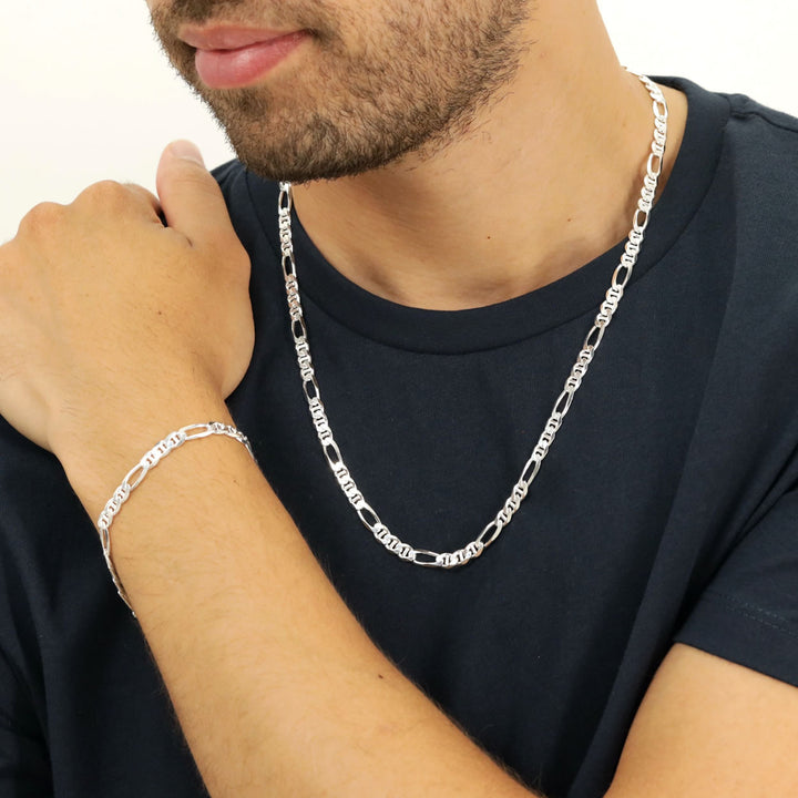 Men's Sterling Silver Figaro Rambo Link Chain & Bracelet Set