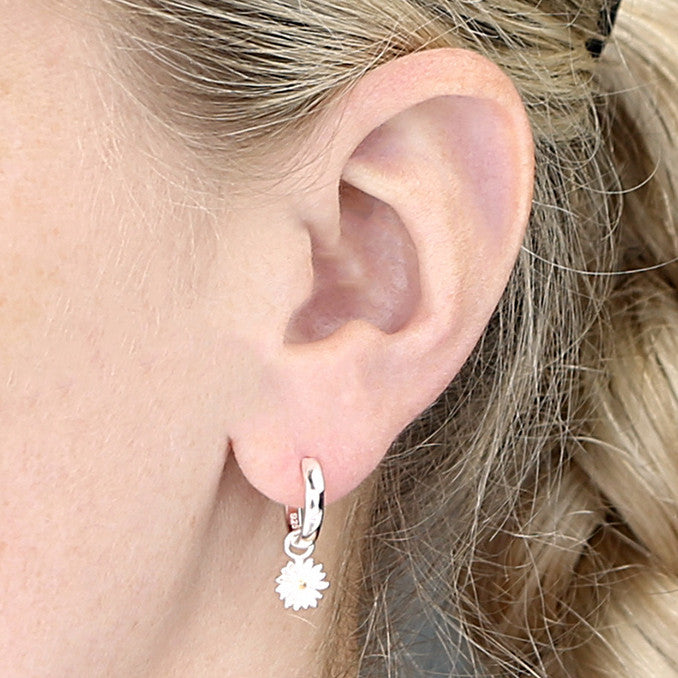Sterling Silver Daisy Huggie Hoop Earrings